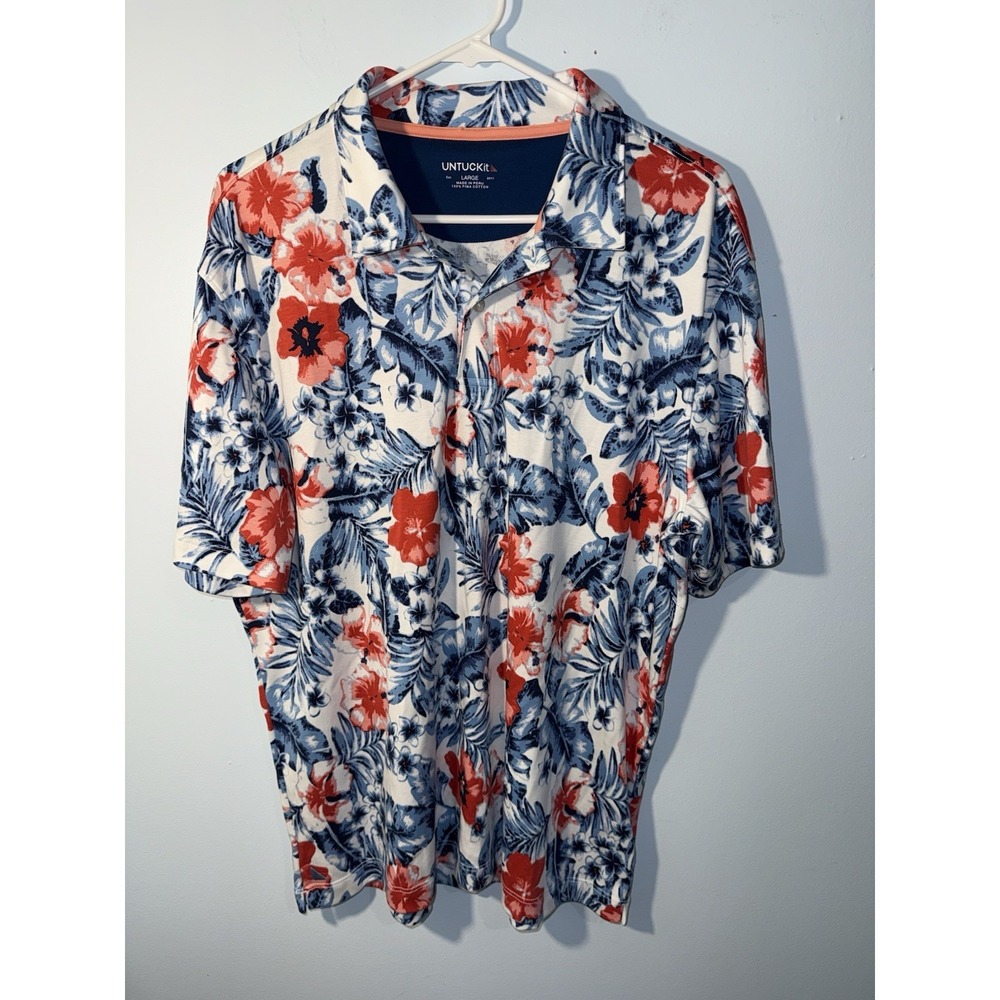 UNTUCKIT Men's Shirt Hawaiian Floral Pima Cotton Beach Summer Vacation Size L